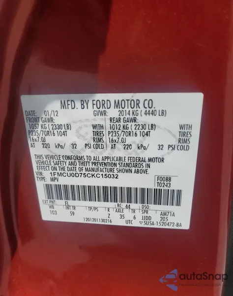 2012 Ford Escape Xlt from USA, damaged, VIN 1FMCU0D75CKC15032